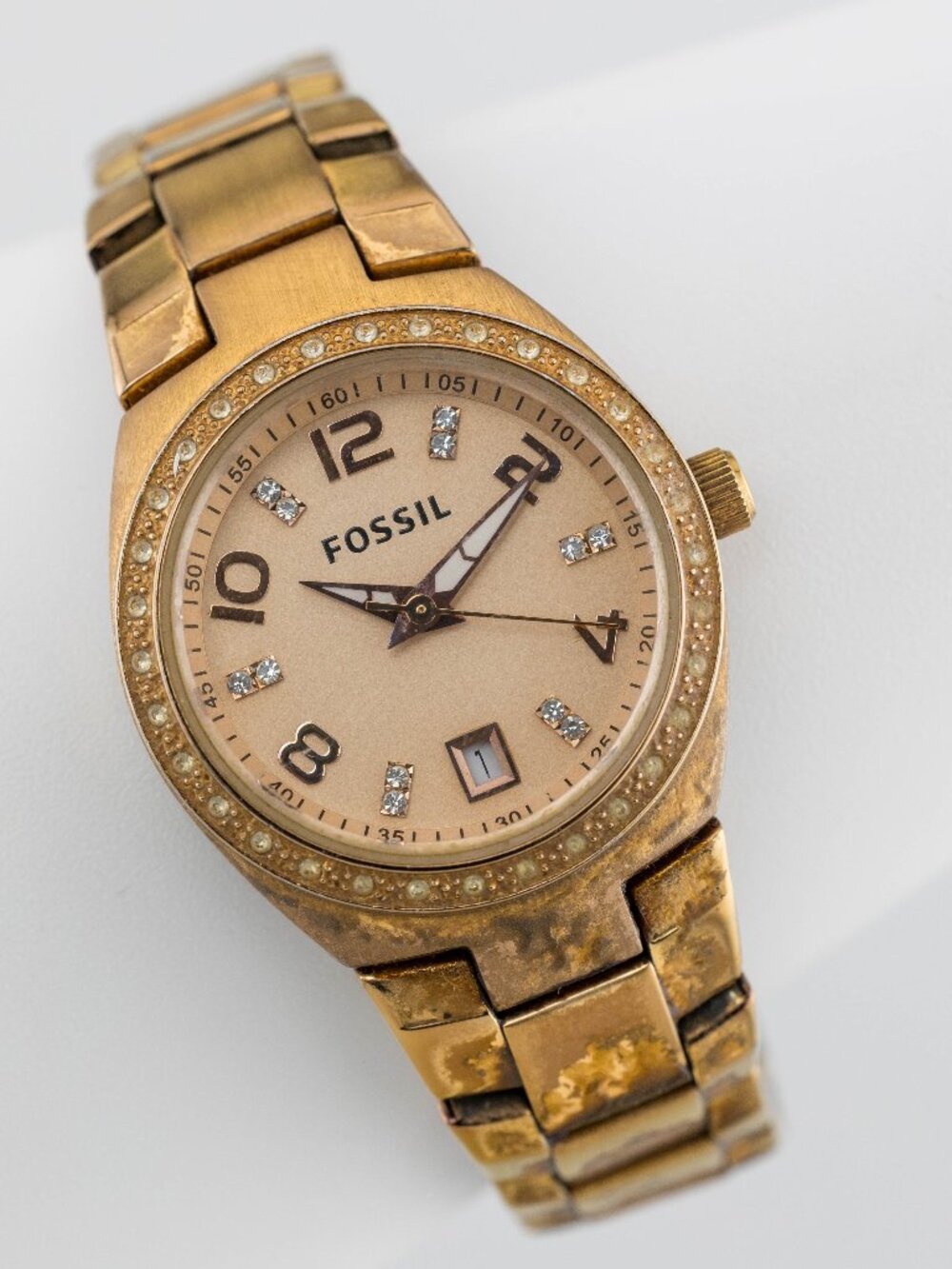 Fossil AM4508 Women's Rose Gold Crystal Date Quartz Analog Watch Fresh Battery